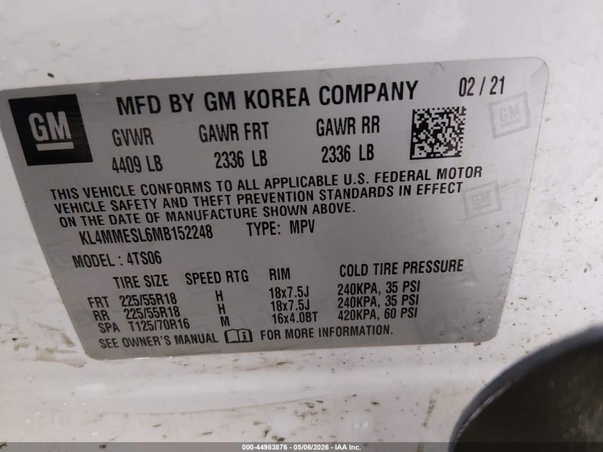 2021 Buick Encore Gx Awd Select VIN: KL4MMESL6MB152248 Lot: 44983876