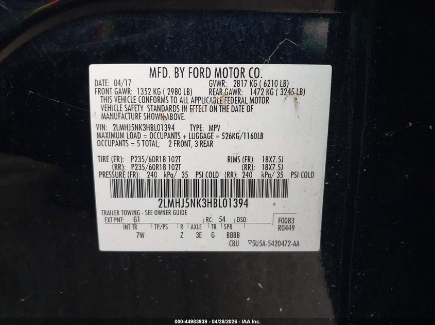 2017 Lincoln Mkt Livery VIN: 2LMHJ5NK3HBL01394 Lot: 44983939