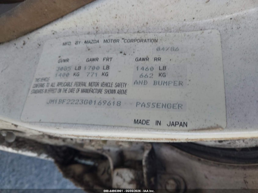 1986 Mazda 323 VIN: JM1BF2223G0169618 Lot: 44983961