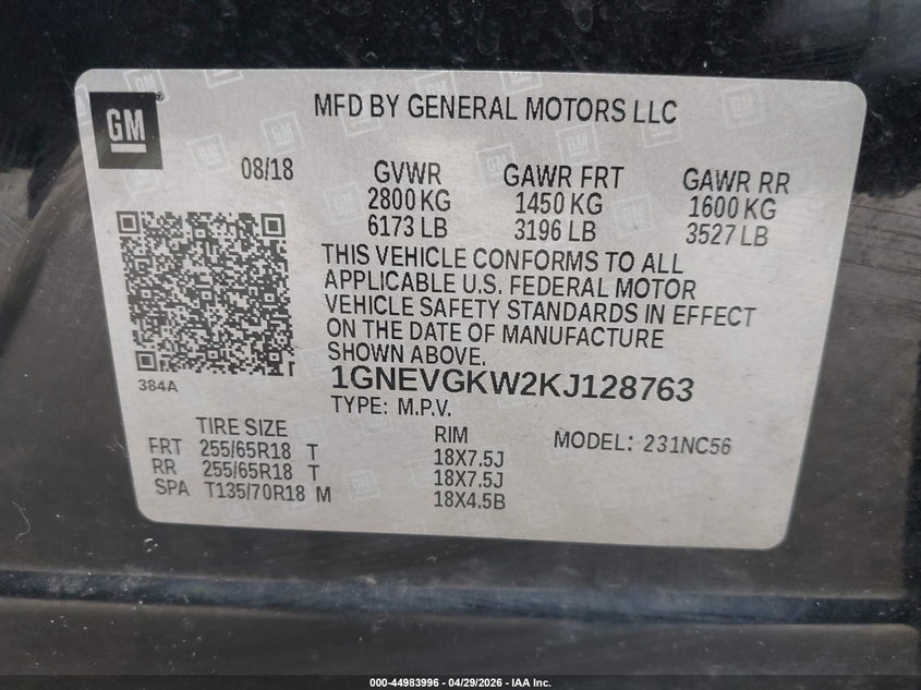 VIN 1GNEVGKW2KJ128763 2019 CHEVROLET TRAVERSE 1LT