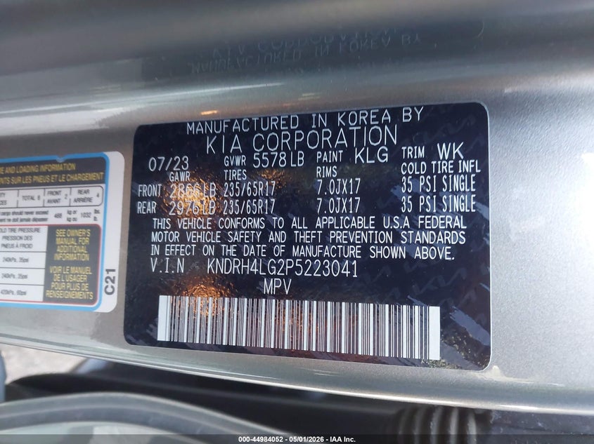2023 KIA SORENTO HYBRID 1.6L I-4 DI, DOHC, V(VIN: KNDRH4LG2P5223041