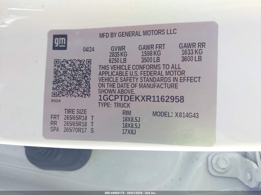 2024 CHEVROLET COLORADO 2.7L I-4 DI, DOHC, V(VIN: 1GCPTDEKXR1162958