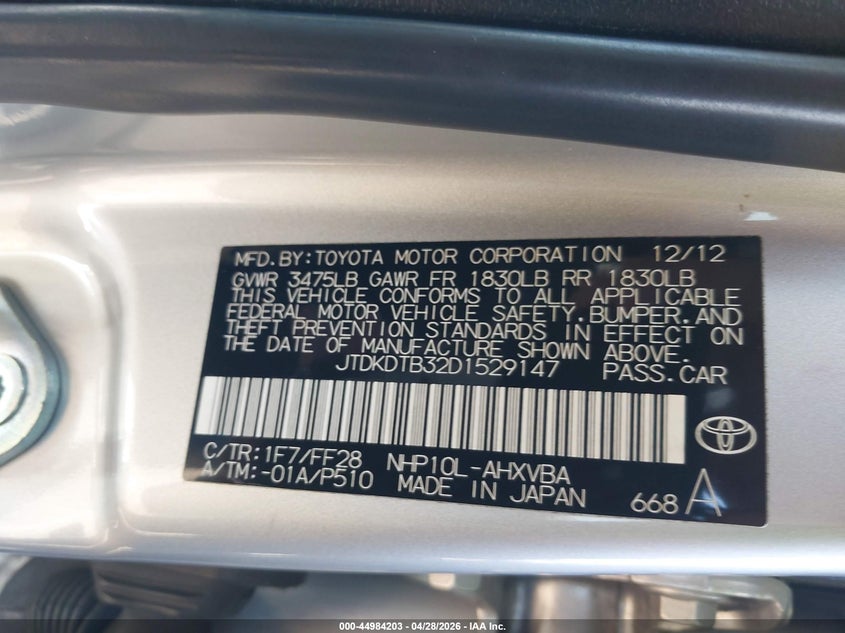 2013 Toyota Prius C Two VIN: JTDKDTB32D1529147 Lot: 44984203