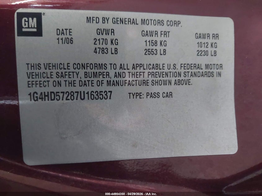 2007 Buick Lucerne Cxl VIN: 1G4HD57287U163537 Lot: 44984358