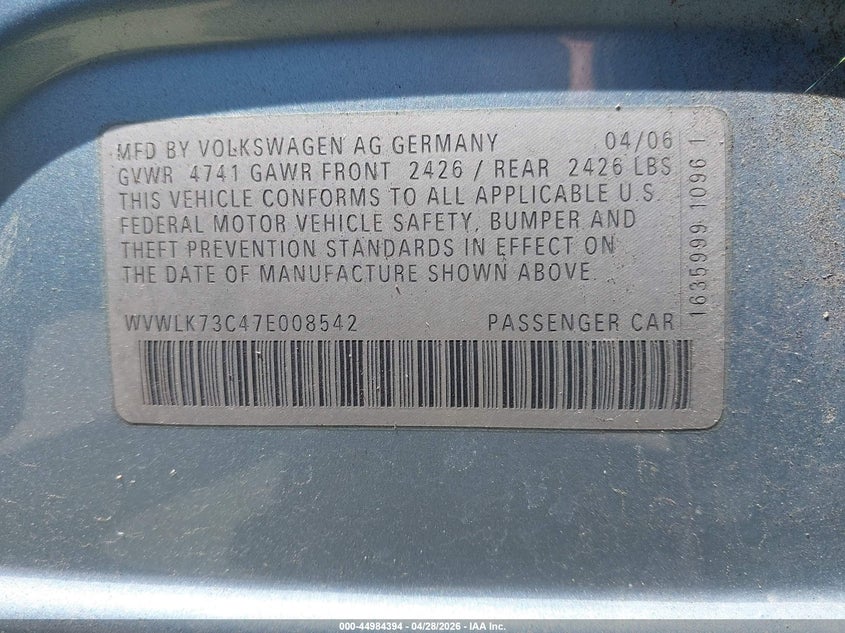 2007 Volkswagen Passat 2.0T VIN: WVWLK73C47E008542 Lot: 44984394