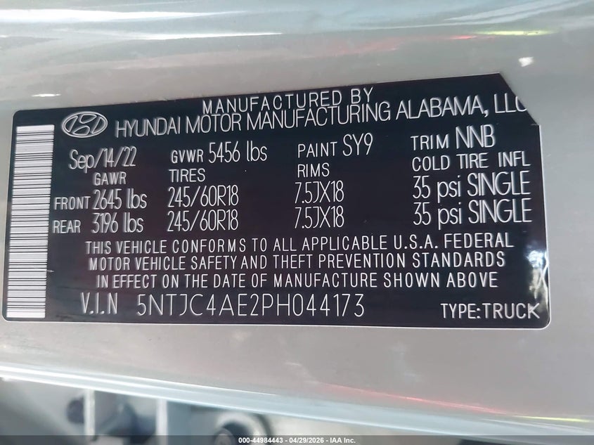 2023 Hyundai Santa Cruz Sel VIN: 5NTJC4AE2PH044173 Lot: 44984443