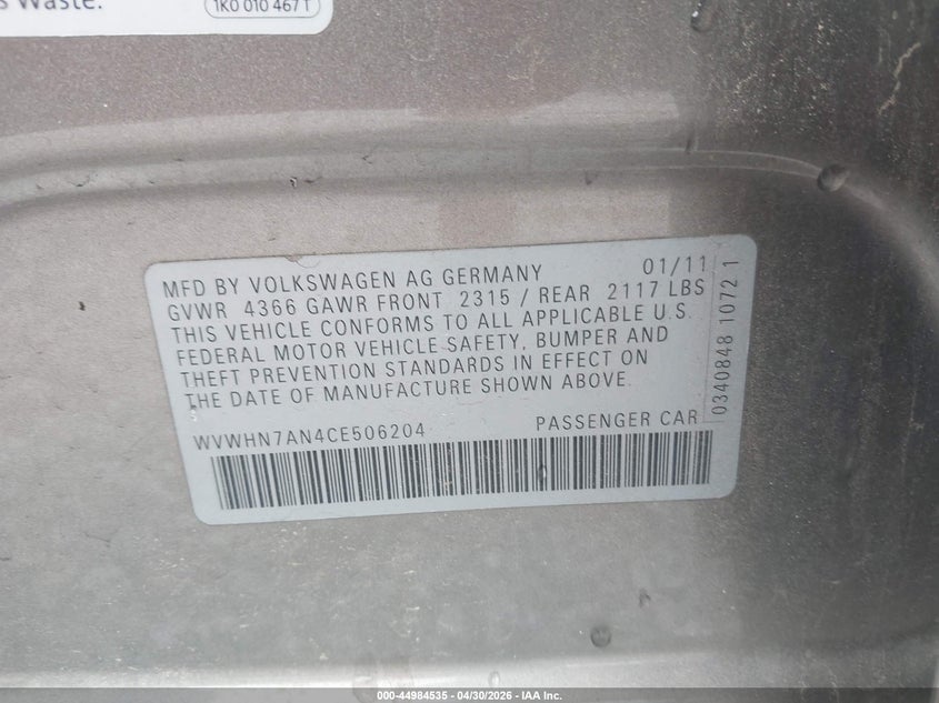 2012 Volkswagen Cc Lux Plus VIN: WVWHN7AN4CE506204 Lot: 44984535