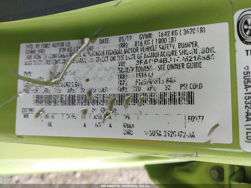 2012 Ford Fiesta 1.6 Se green Lot 111044984716 Vin 3FADP4BJ1CM218885