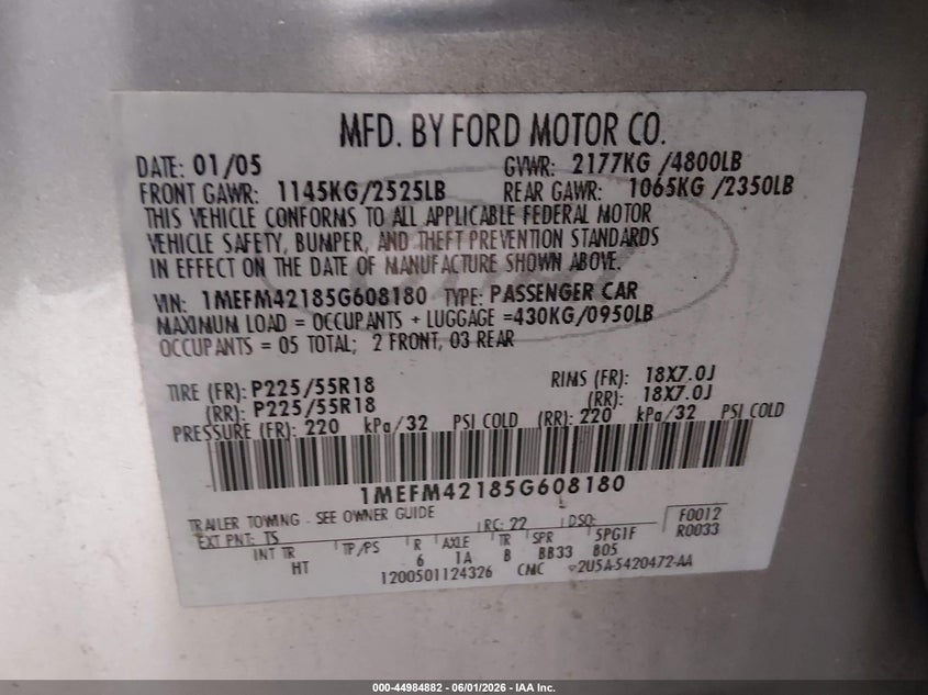2005 Mercury Montego Premier VIN: 1MEFM42185G608180 Lot: 44984882