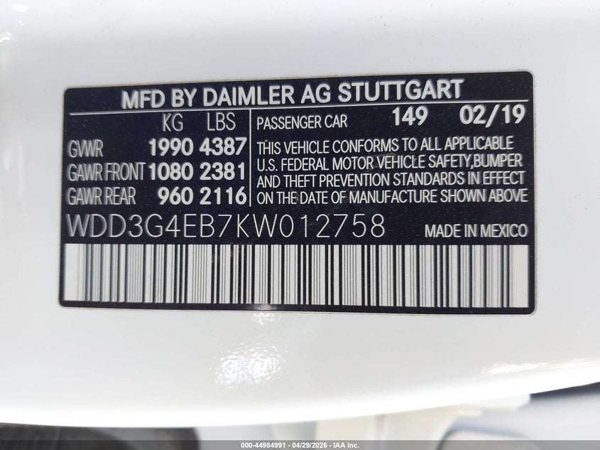 2019 Mercedes-Benz A 220 VIN: WDD3G4EB7KW012758 Lot: 44984991