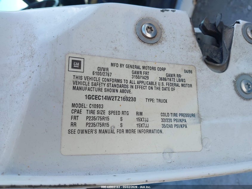 1996 Chevrolet Gmt-400 C1500 VIN: 1GCEC14W2TZ169230 Lot: 44985183