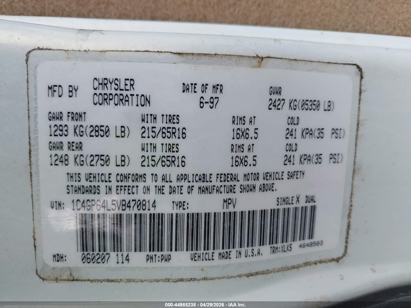 1997 Chrysler Town & Country Lxi VIN: 1C4GP64L5VB470814 Lot: 44985238