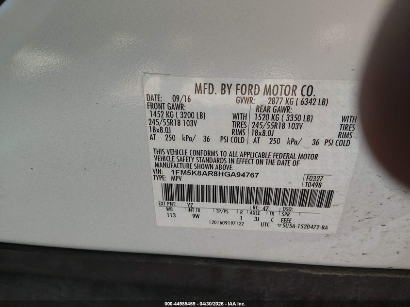 Vin: 1fm5k8arbhga94767, lot: 45482900, ford utility police interceptor 20174