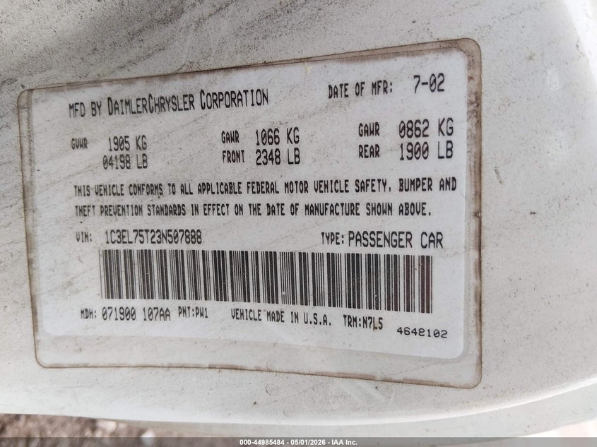 2003 Chrysler Sebring Gtc VIN: 1C3EL75T23N507888 Lot: 44985484