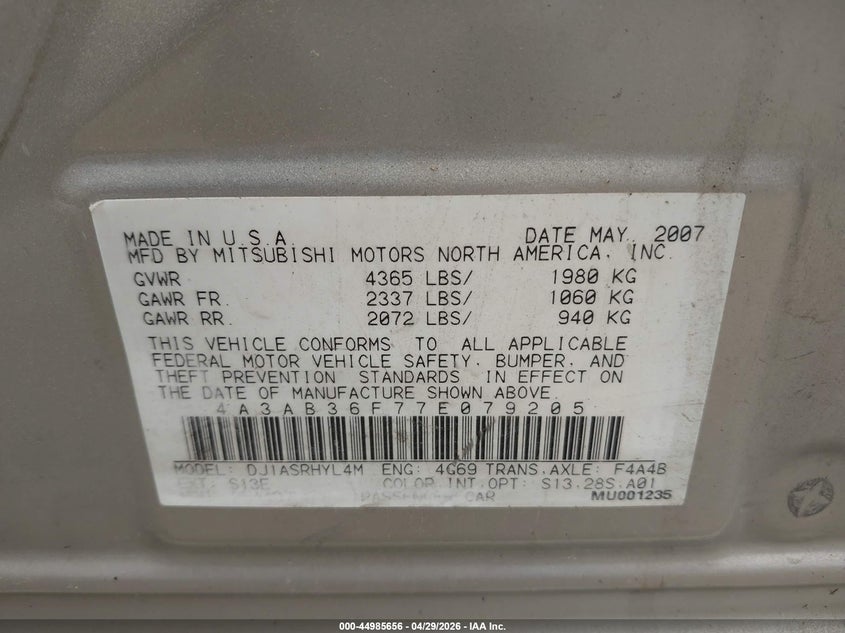 2007 Mitsubishi Galant Es/Se VIN: 4A3AB36F77E079205 Lot: 44985656