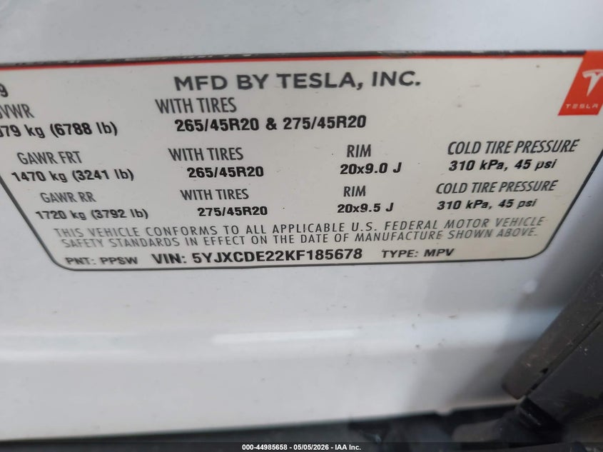 2019 Tesla Model X 100D/75D/Long Range/Standard Range VIN: 5YJXCDE22KF185678 Lot: 44985658