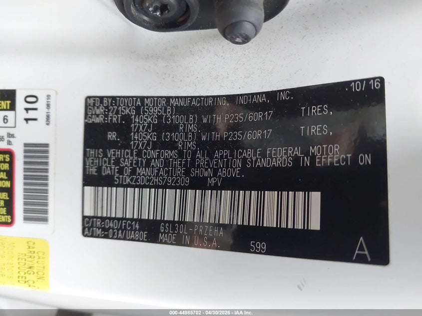 2017 TOYOTA SIENNA VAN 3.5L V-6 DI, DOHC, VVT, 296HP
