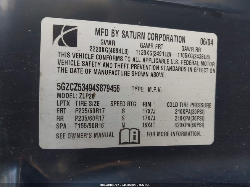 2004 Saturn Vue V6 VIN: 5GZCZ53494S879456 Lot: 44985707