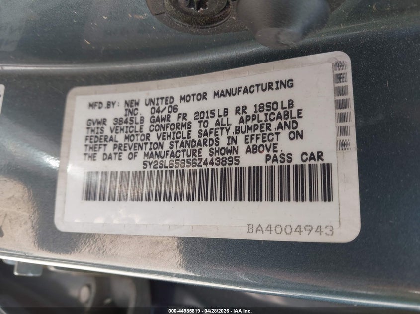 2006 Pontiac Vibe VIN: 5Y2SL65856Z443895 Lot: 44985819