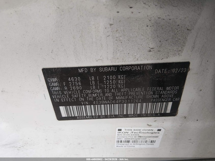 SUBARU LEGACY 2023 VIN 4S3BWAD64P3011264