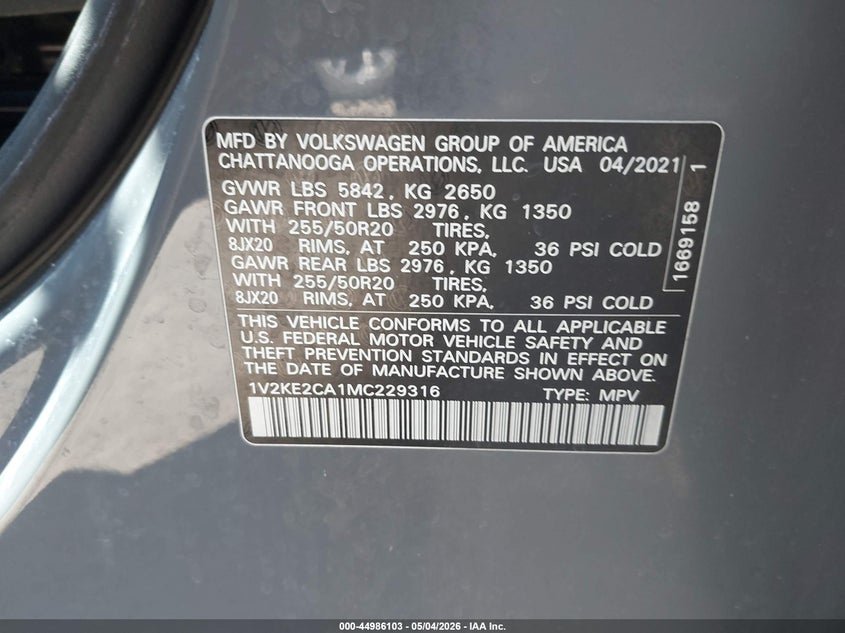 2021 Volkswagen Atlas Cross Sport 3.6L V6 Se W/Technology VIN: 1V2KE2CA1MC229316 Lot: 44986103