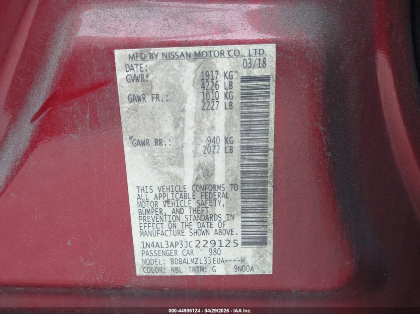 VIN 1N4AL3AP3JC229125 2018 NISSAN ALTIMA 2.5 SV
