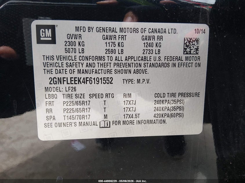 2015 CHEVROLET EQUINOX SPORT UTILITY VEHICLE 2.4L I-4 DI, DOHC, VVT, 182HP