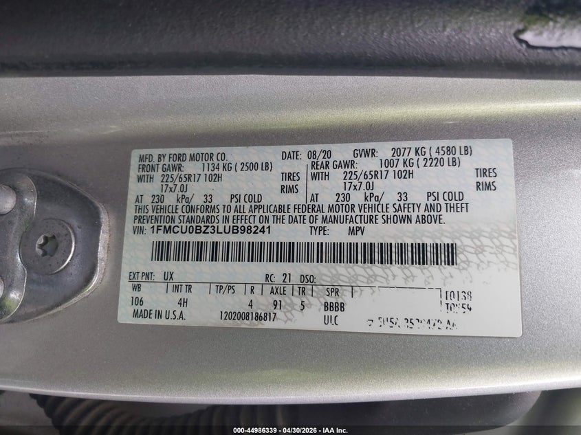 VIN 1FMCU0BZ3LUB98241 2020 FORD ESCAPE SE SPORT HYBRID