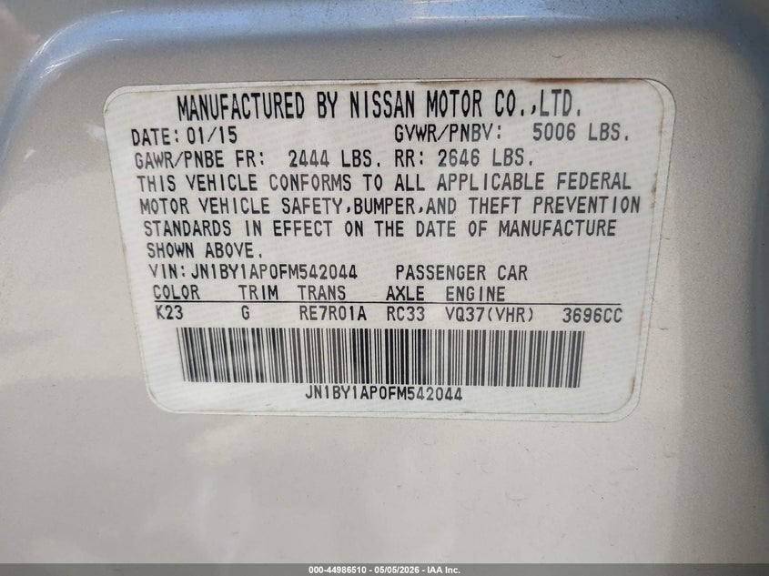 2015 Infiniti Q70 3.7 VIN: JN1BY1AP0FM542044 Lot: 44986510