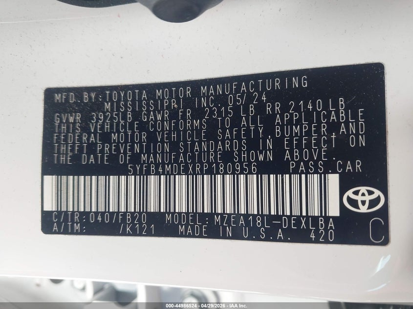 VIN 5YFB4MDEXRP180956 2024 TOYOTA COROLLA LE