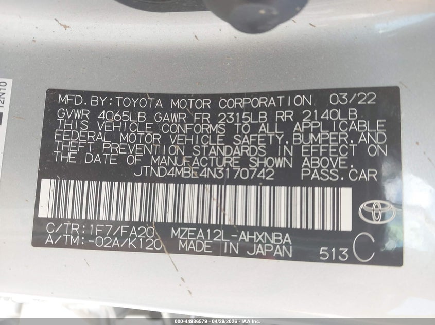 2022 TOYOTA COROLLA 2.0L I-4 DI, DOHC, V(VIN: JTND4MBE4N3170742
