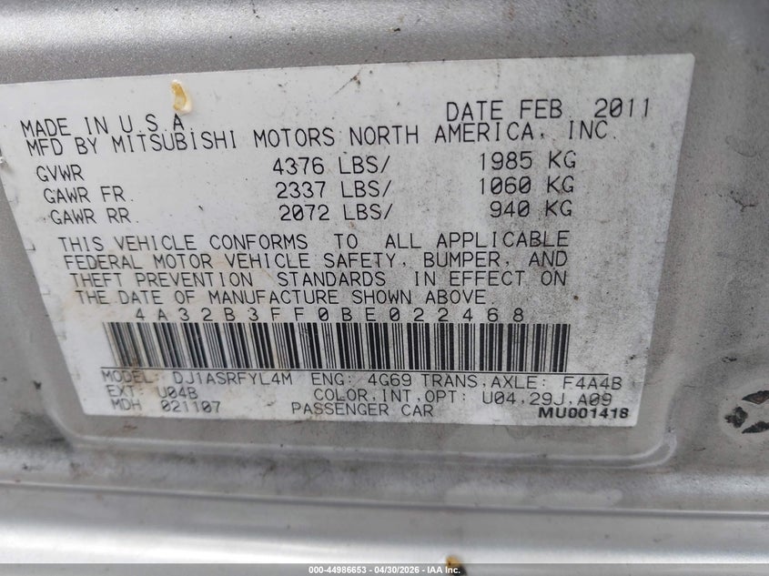2011 Mitsubishi Galant Es/Se VIN: 4A32B3FF0BE022468 Lot: 44986653