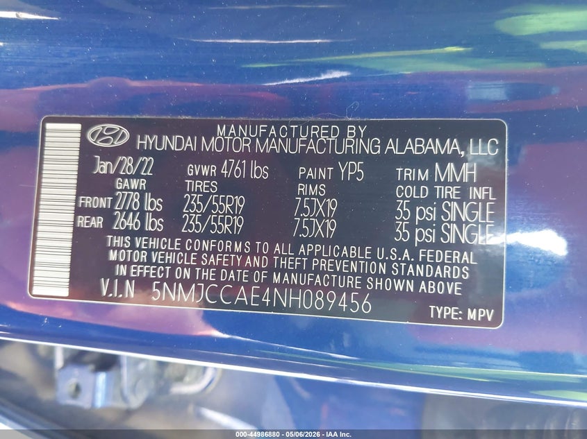 2022 HYUNDAI TUCSON 2.5L I-4 DI, DOHC, V(VIN: 5NMJCCAE4NH089456