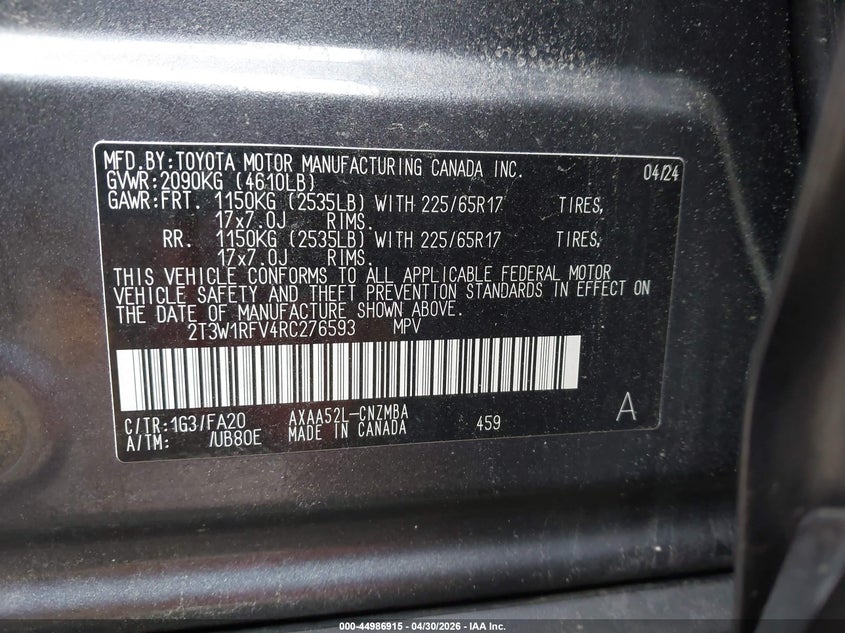 VIN 2T3W1RFV4RC276593 2024 TOYOTA RAV4 XLE