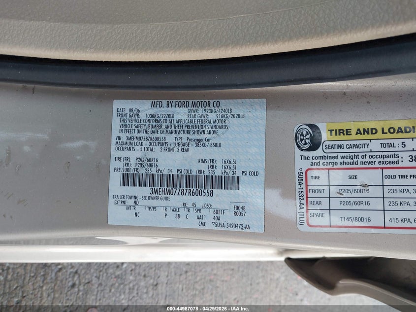 2007 Mercury Milan I4 VIN: 3MEHM07Z87R600558 Lot: 44987078