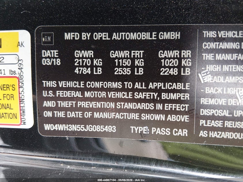 2018 Buick Cascada Premium VIN: W04WH3N55JG085493 Lot: 44987104
