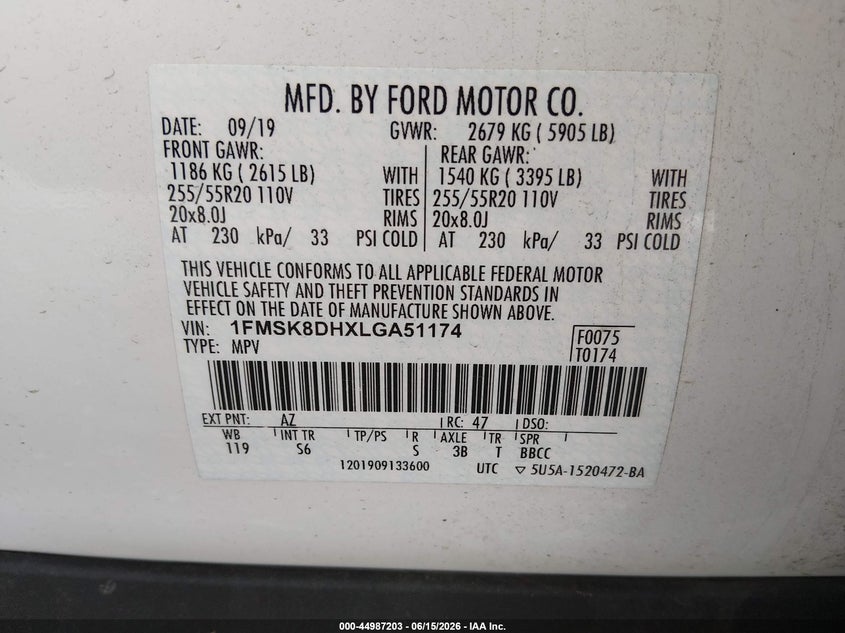 VIN 1FMSK8DHXLGA51174 2020 FORD EXPLORER XLT