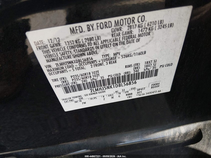 2013 Lincoln Mkt Livery VIN: 2LMHJ5NK1DBL56856 Lot: 44987221