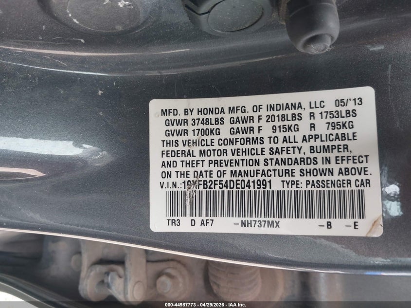 2013 HONDA CIVIC SEDAN 1.8L I-4 VVT, 140HP