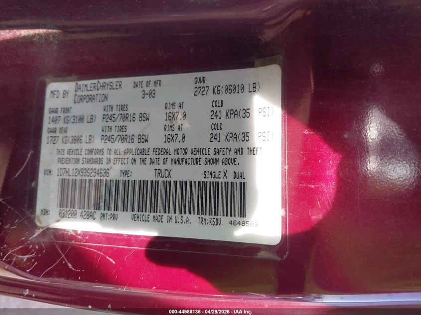 DODGE DAKOTA 2003 VIN 1D7HL12X93S294636