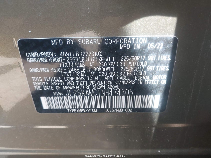 2022 SUBARU FORESTER 2.5L H-4 DI, DOHC, V(VIN: JF2SKAMC1NH474305
