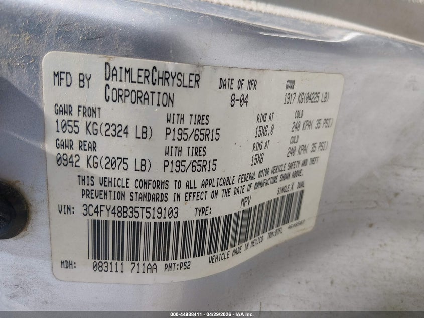 2005 Chrysler Pt Cruiser VIN: 3C4FY48B35T519103 Lot: 44988411
