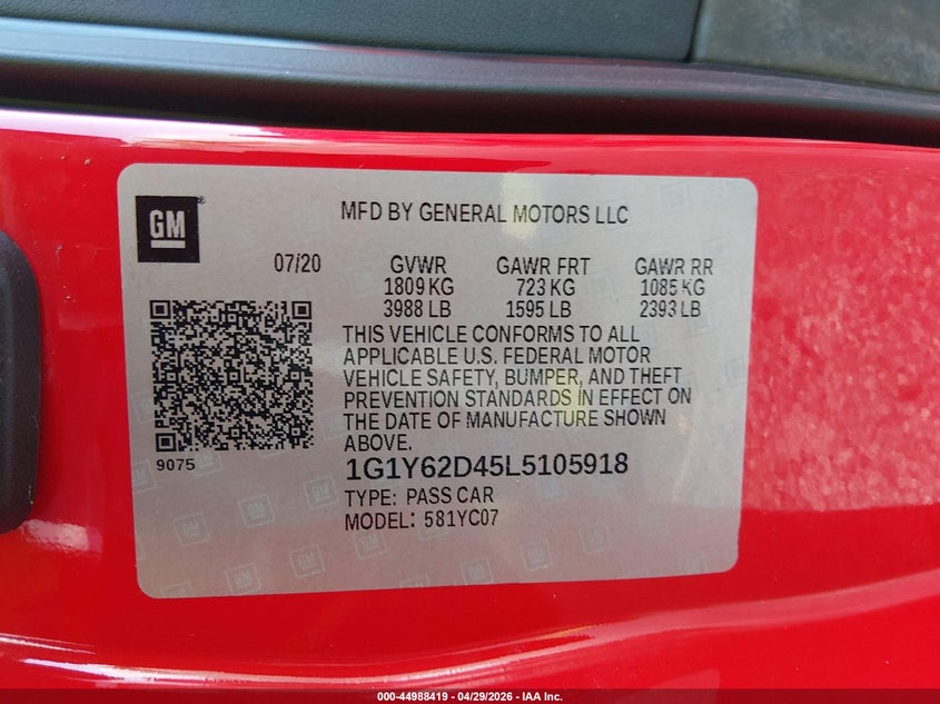 2020 Chevrolet Corvette Stingray Rwd 1Lt VIN: 1G1Y62D45L5105918 Lot: 44988419
