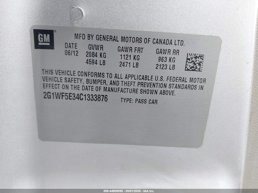 2012 Chevrolet Impala 3.6 Ls silver Lot 111044988595 Vin 2G1WF5E34C1333876