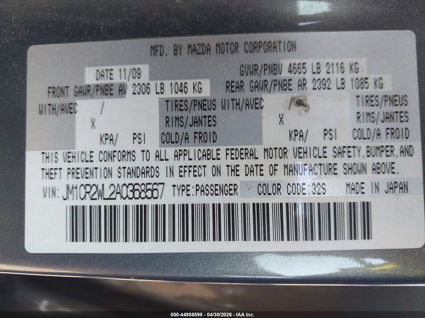 2010 Mazda Mazda5 Sport VIN: JM1CR2WL2A0368567 Lot: 44988598