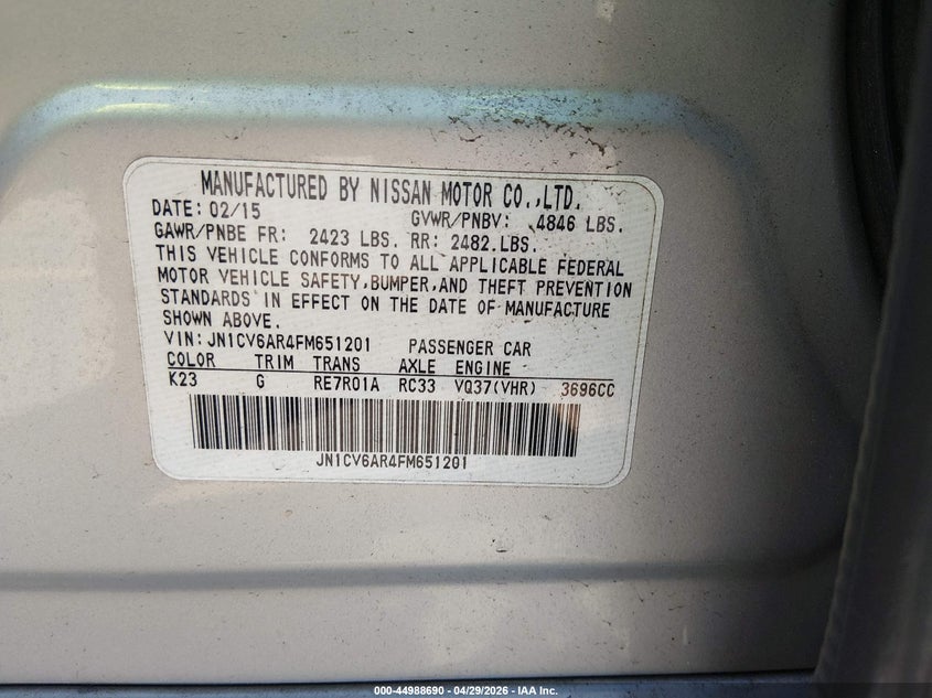2015 Infiniti Q40 VIN: JN1CV6AR4FM651201 Lot: 44988690