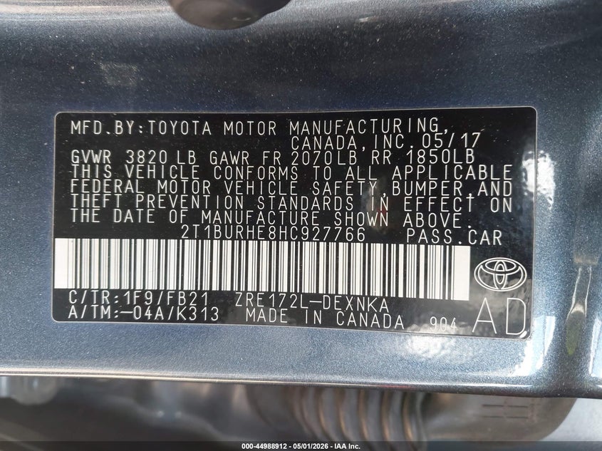 VIN 2T1BURHE8HC927766 2017 TOYOTA COROLLA LE