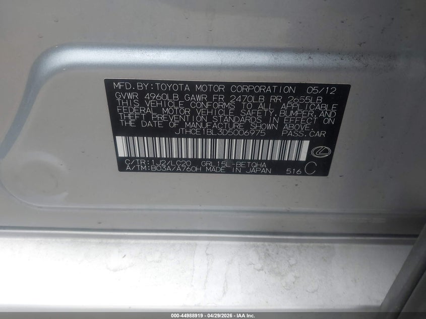 2013 Lexus Gs 350 VIN: JTHCE1BL3D5006975 Lot: 44988919