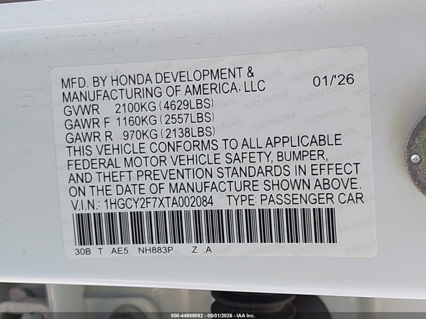 2026 HONDA ACCORD HYBRID 2.0L I-4 DI, DOHC, V(VIN: 1HGCY2F7XTA002084