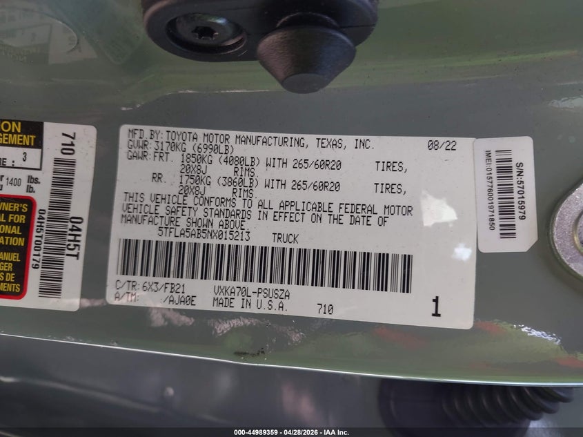 2022 Toyota Tundra Sr5 VIN: 5TFLA5AB5NX015213 Lot: 44989359